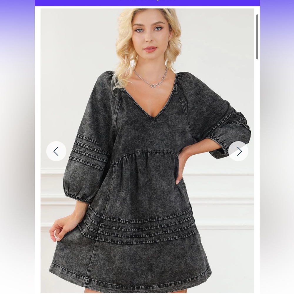 NWOT chic black denim babydoll mini dress with puff sleeves